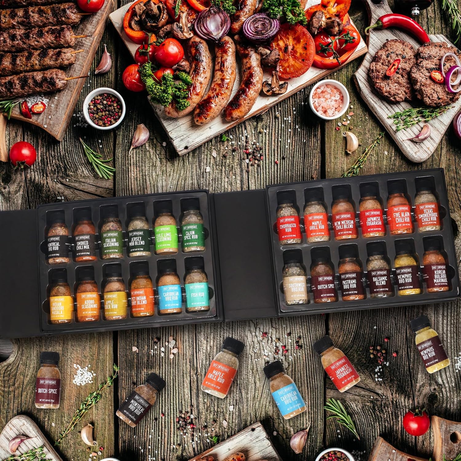 Chef Enthusiast 24 Unique Individual BBQ Spice Rub Sampler Gift Set