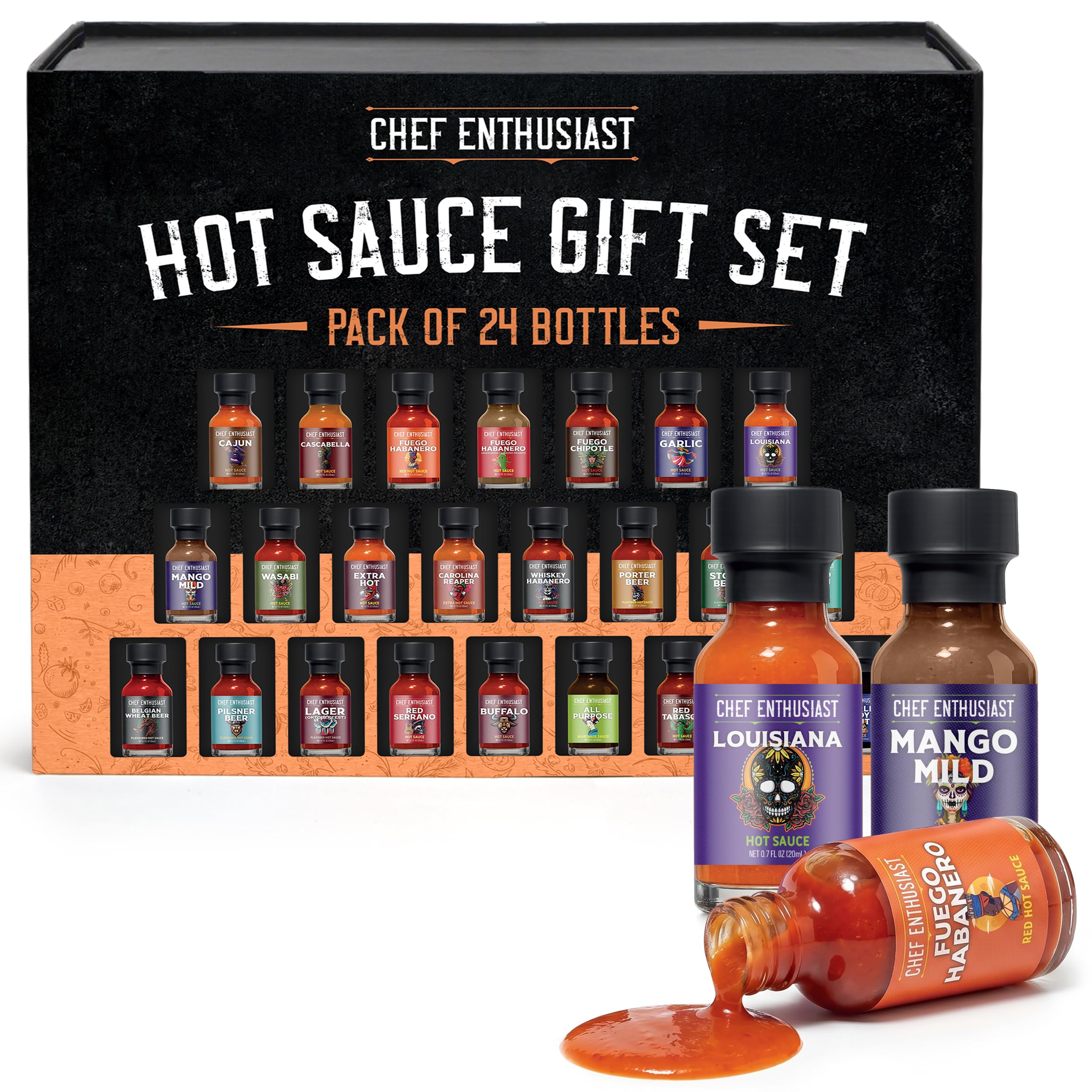 Chef Enthusiast Hot Sauce Gift Set - 24 Count of Mini Hot Sauces