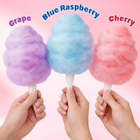 Cotton Candy Sugar Floss Variety Pack - Grape, Raspberry & Cherry Flavors, 3 Bottles (12oz Each) Includes 55 Cones for Home & Commercial Cotton Candy Machines, Parties, Carnivals & Events