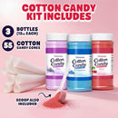 Cotton Candy Sugar Floss Variety Pack - Grape, Raspberry & Cherry Flavors, 3 Bottles (12oz Each) Includes 55 Cones for Home & Commercial Cotton Candy Machines, Parties, Carnivals & Events