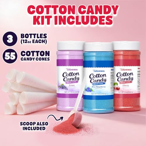 Cotton Candy Sugar Floss Variety Pack - Grape, Raspberry & Cherry Flavors, 3 Bottles (12oz Each) Includes 55 Cones for Home & Commercial Cotton Candy Machines, Parties, Carnivals & Events