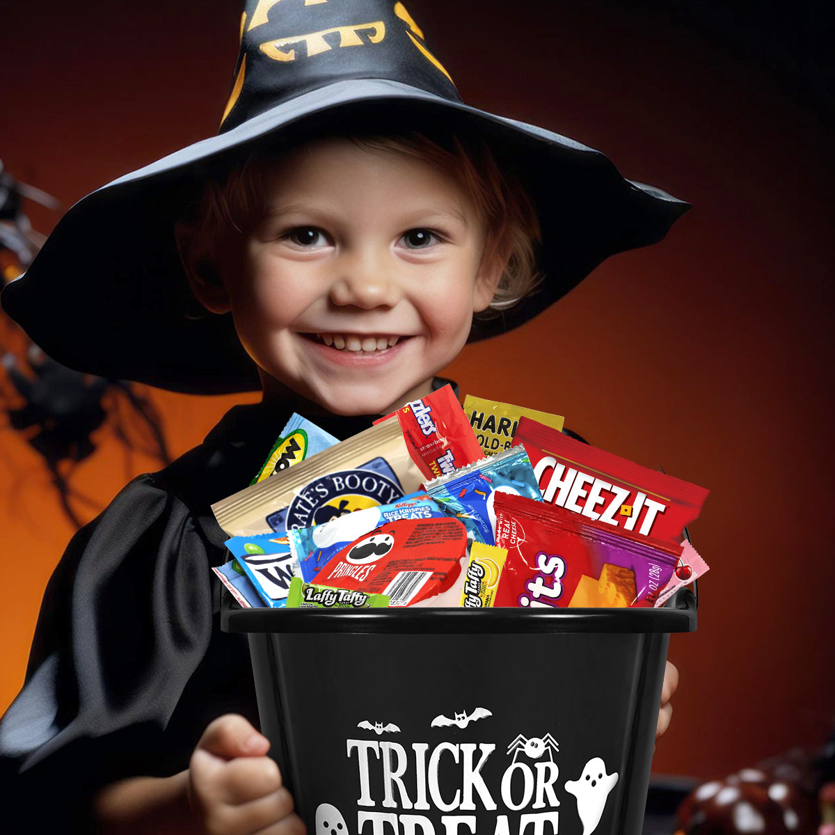 Halloween Candy & Snack Gift Basket – 45ct Pumpkin Bucket Care Package for Kids & Adults