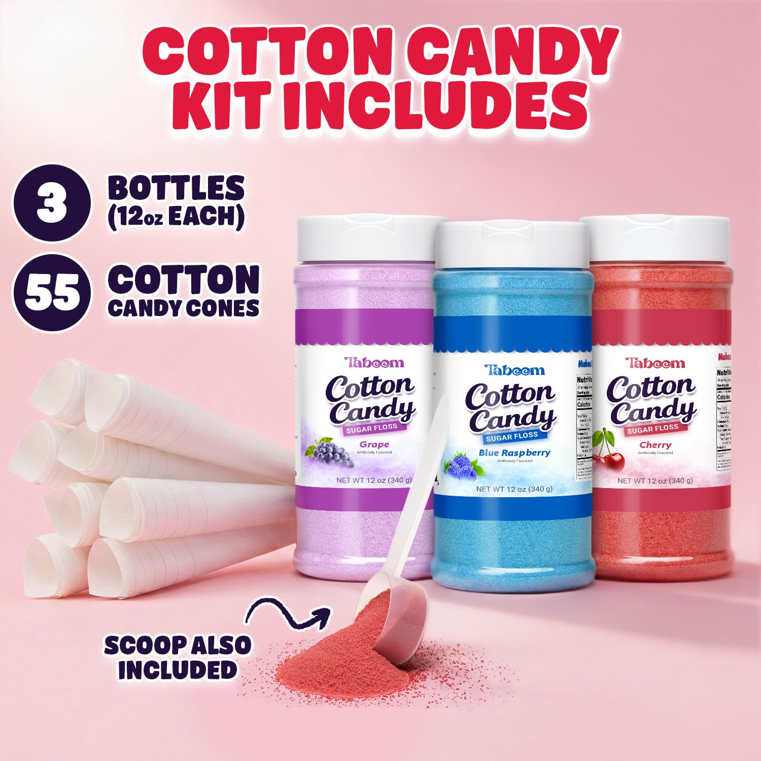 Taboom Cotton Candy Sugar Floss Variety Pack 3 Bottles 55 Cones