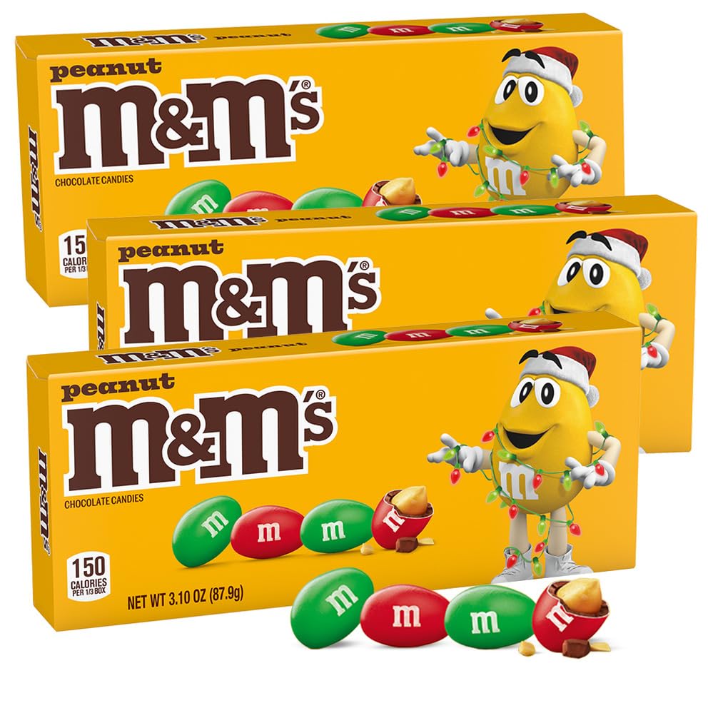 M&M Peanut Chocolate Christmas Candy Theater Box 3 Pack - Milk Chocolate Peanut Christmas m&m Candy, For Party, Stocking Stuffers, Gifts & Treats - 3.10 Oz Box